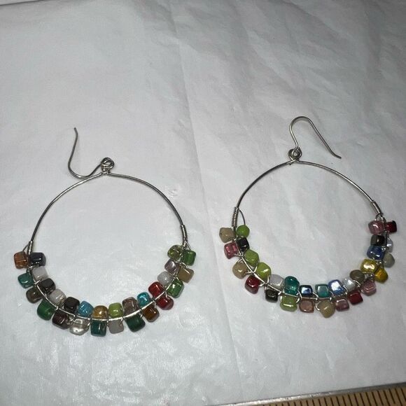 Boho Silver Tone Gemstone Chakra Dangle Hoop Earrings - Picture 2 of 9